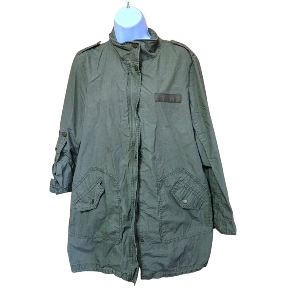Merona Olive Green Utility Field Jacket Military Cotton Roll Tab Sleeve Med